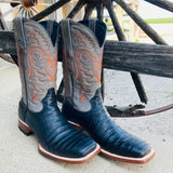 Tanner Mark Men's "Wheeler" Black Caiman Belly Square Toe Boots