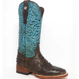 Tanner Mark Ladies Brown Ostrich with Turquoise Tooling Square Toe Boots