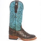 Tanner Mark Ladies Brown Ostrich with Turquoise Tooling Square Toe Boots