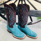 Tanner Mark Women's Turquoise Rough Out Square Toe Boots