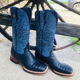 Tanner Mark Women's Black Caiman & Blue Square Toe Boots
