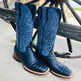 Tanner Mark Women's Black Caiman & Blue Square Toe Boots