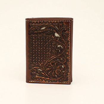 Nocona Chocolate Tooled Ivory Underlay Tri Fold Wallet