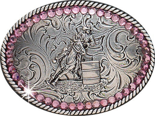 Youth Barrel Racer Belt Buckle with bold rodeo barrel racing motif on white background.
