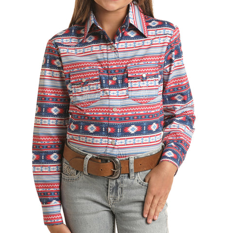 Girl's Red, White, & Blue Aztec Long Sleeve Shirt