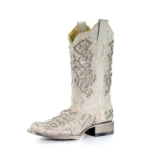 Corral Women's White Glitter Crystal Inlay Square Toe Boot