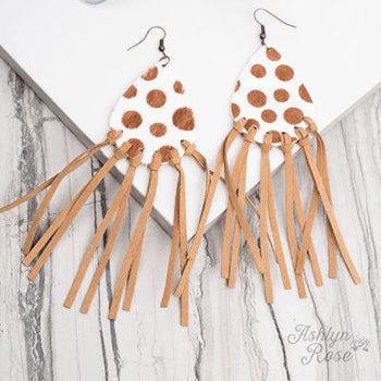 White and Brown Cow Print Fringe Earrings