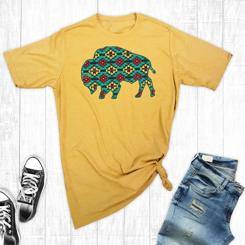 Mustard with Turquoise Aztec Buffalo Graphic Tee