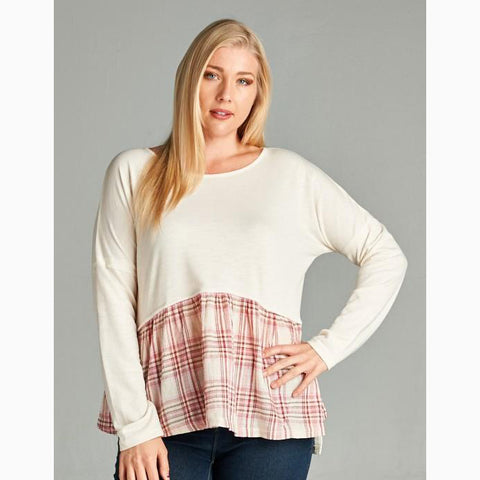 BD Collection Women's Ivory and Red Plaid Ruffle Shirt 