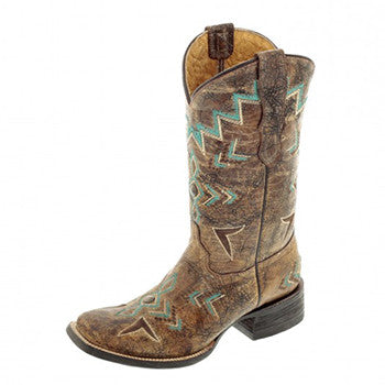 Corral Kid's Tan Bronze and Turquoise Square Toe
