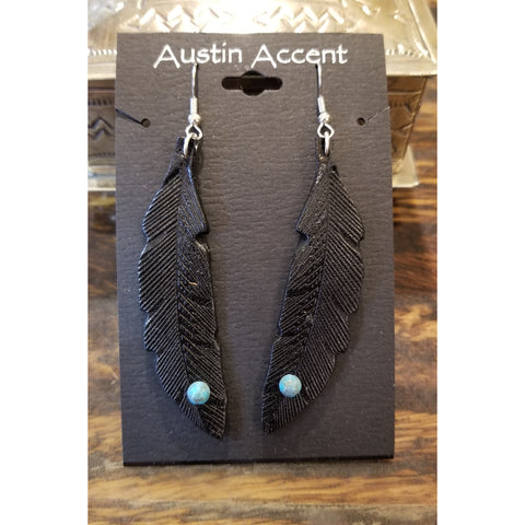 Austin Accent Inc Black Leather Feather/Stone Earrings