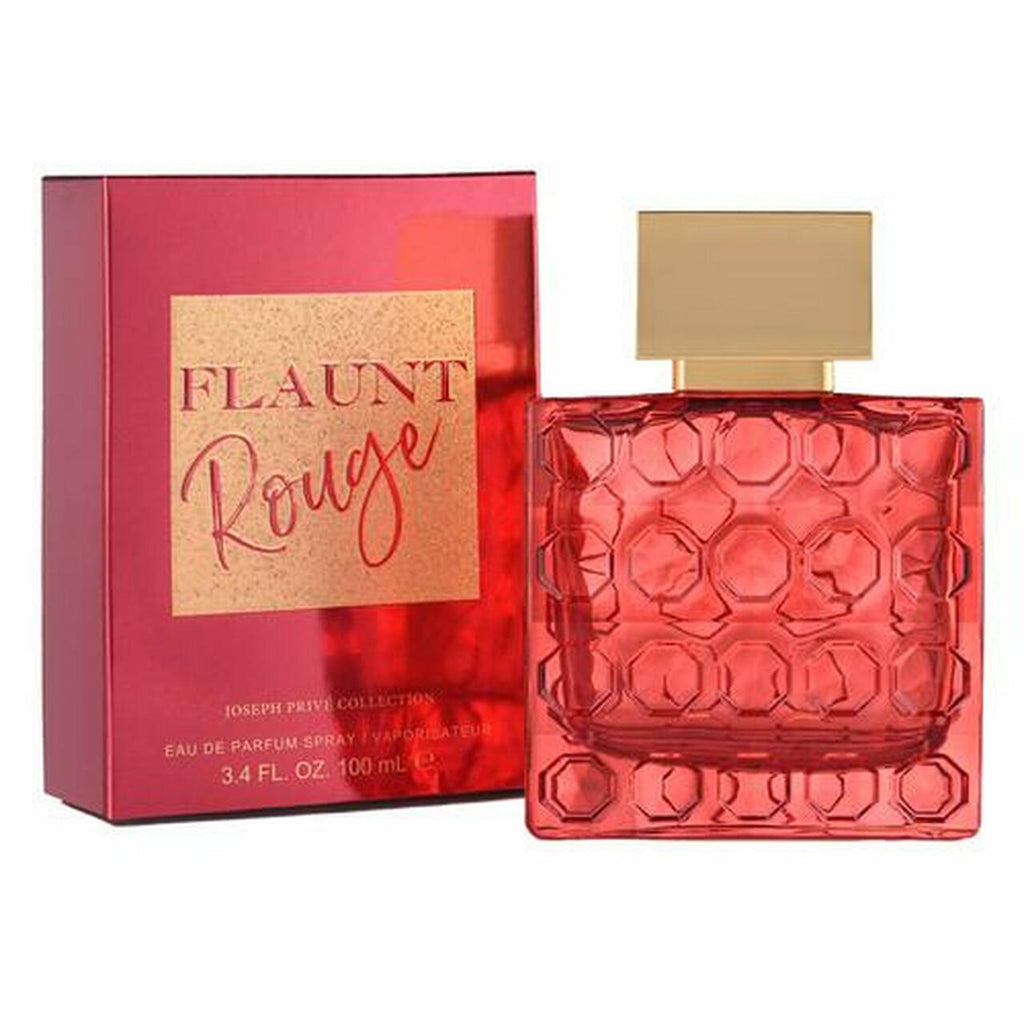 "Flaunt Rouge Eau de Parfum by Joseph Prive in red glass bottle with gold cap and bold Western-inspired label"
