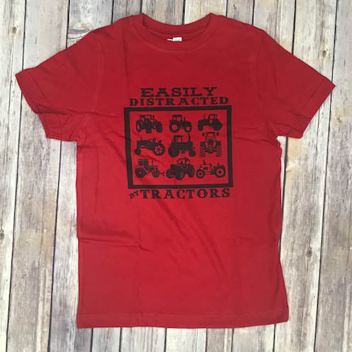 Kid's Red Easily Distracted by Tractors Tee