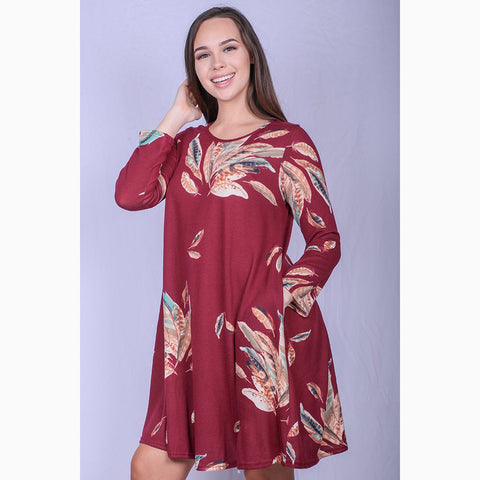 Women's Burgundy Feather Pocket Dress 