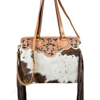 Country Hide & Tan Leather Floral Tooled Fringe Handbag – Cowgirl Barn &  Tack