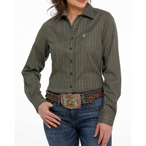 Cinch Women's Olive With Light Turquoise Dot-Stripe Long Sleeve