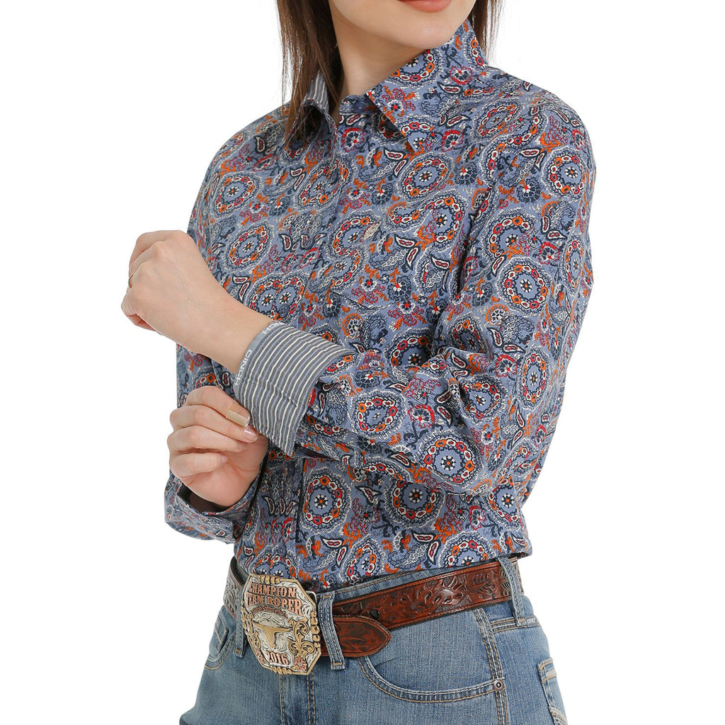 The Limited - Blue & purple paisley semi-sheer V-neck top, L