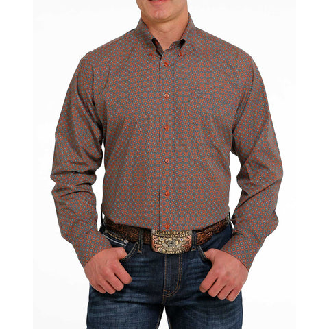 Cinch Men's Orange and Teal Geometric Shirt
