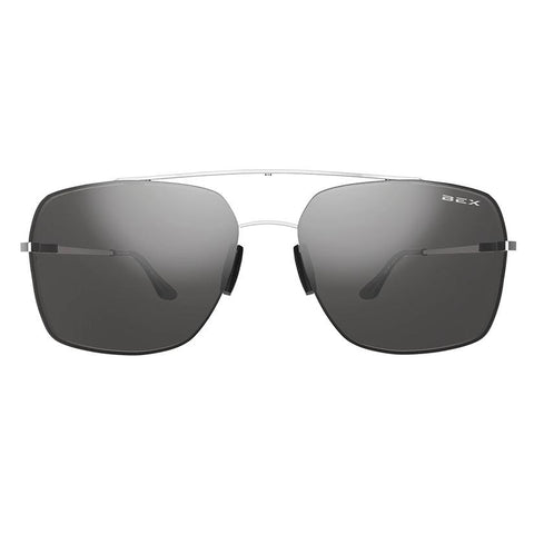 Front view of Bex Pilot Sunglasses. They feature a silver metal frame with gray tinted lenses.