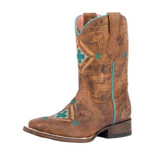 Roper Kid's Tan, Turquoise Aztec and Cross Embroidered Boots