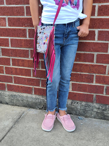 Pink Acid Wash Fringe Kids Purse