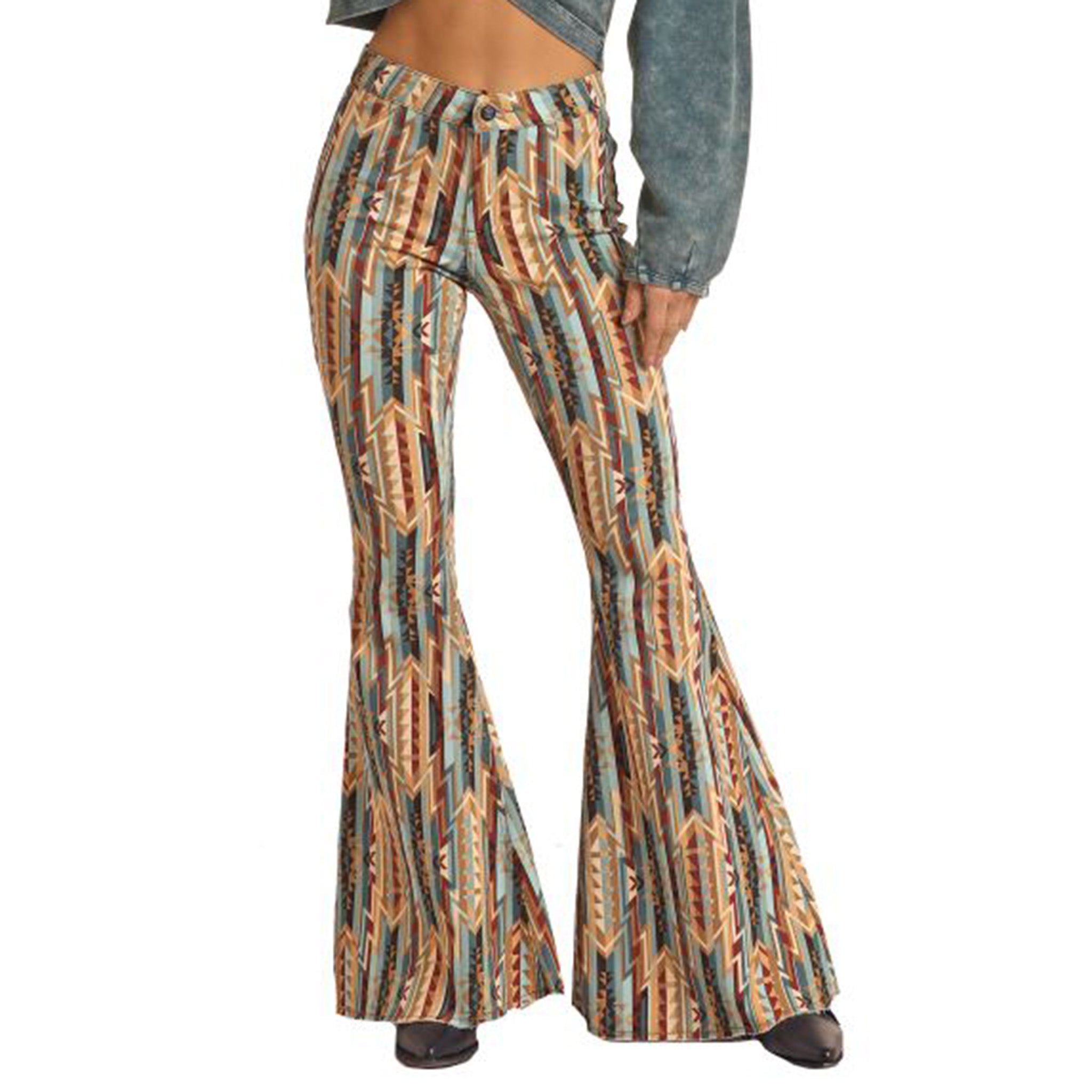 Rock Roll Aztec Women's Bell Bottom Jeans-Tan's/Blue's