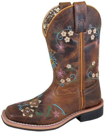 Kid's Brown Floral Stitched Square Toe Boots
