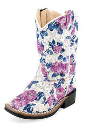Old West Toddler White and Lilac Floral Boots