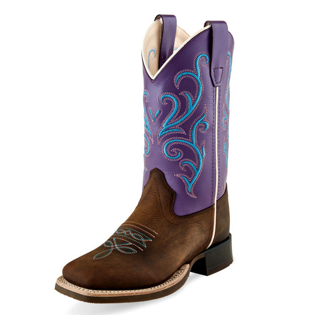 Old West Kid's Brown and Purple Square Toe Boot